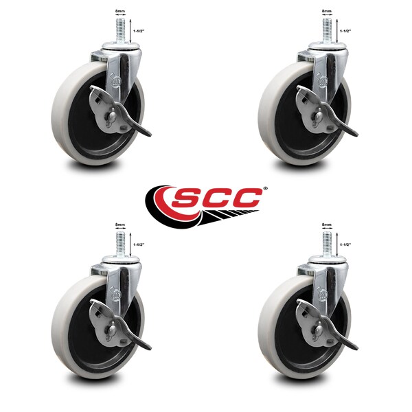 5 Inch Thermoplastic Wheel 8mm Threaded Stem Caster Set with Brakes SCC, 4PK